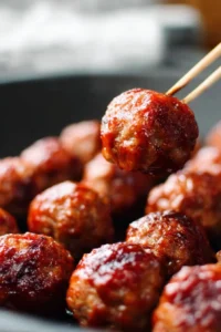 Crockpot BBQ meatballs served in a bowl with sauce and garnish
