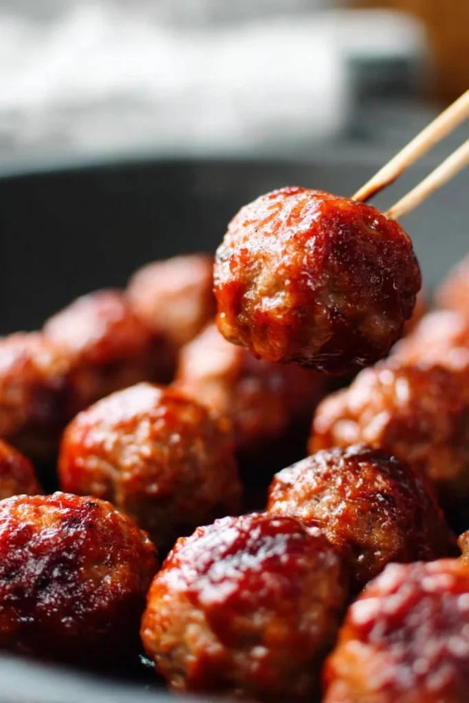 Crockpot BBQ meatballs served in a bowl with sauce and garnish