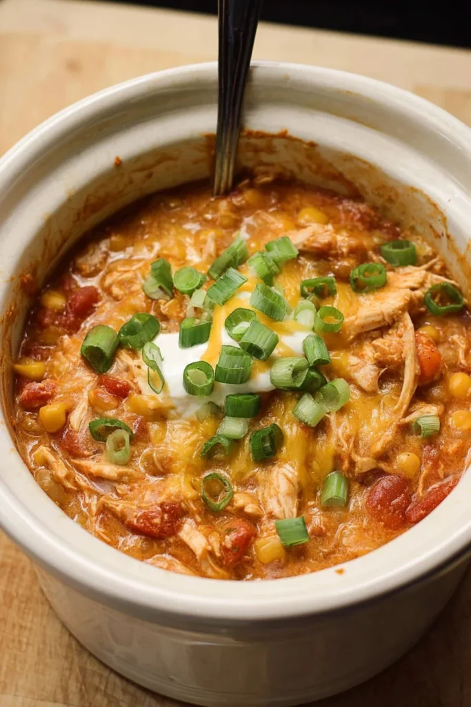 A hearty bowl of Crockpot Buffalo Chicken Chili garnished with green onions.