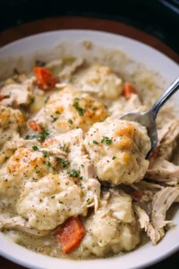 Crockpot Chicken and Dumplings in a bowl, ready to serve.