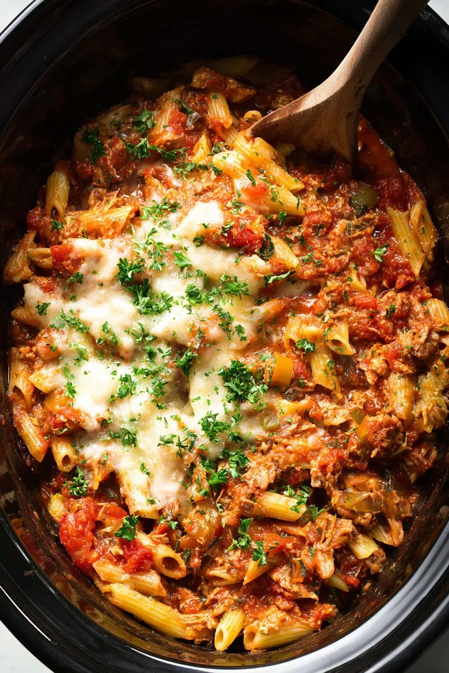 A bowl of Crockpot Million Dollar Pasta garnished with fresh herbs