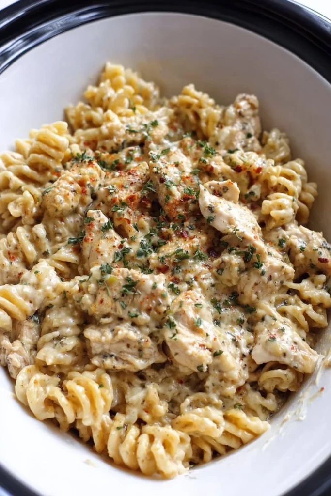 Crockpot Parmesan Garlic Chicken Pasta 1 Bowl of creamy Crockpot Parmesan Garlic Chicken Pasta garnished with parsley.