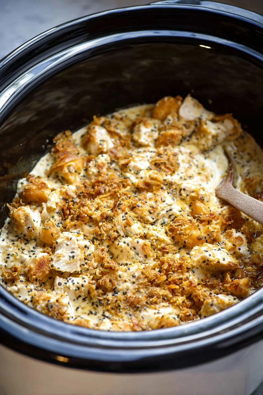 Crockpot Poppy Seed Chicken Casserole served in a bowl with a side of vegetables