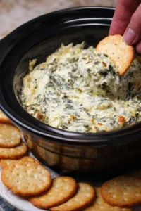 Creamy crockpot spinach artichoke dip served in a bowl with tortilla chips