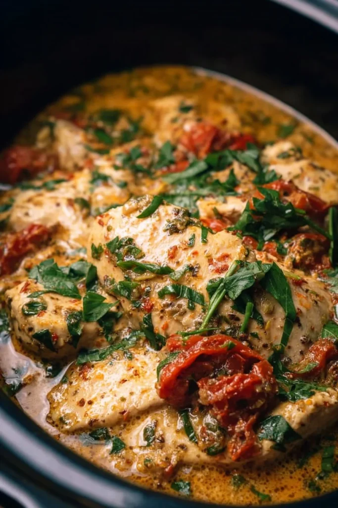 Delicious Crockpot Tuscan Chicken served with vegetables and herbs