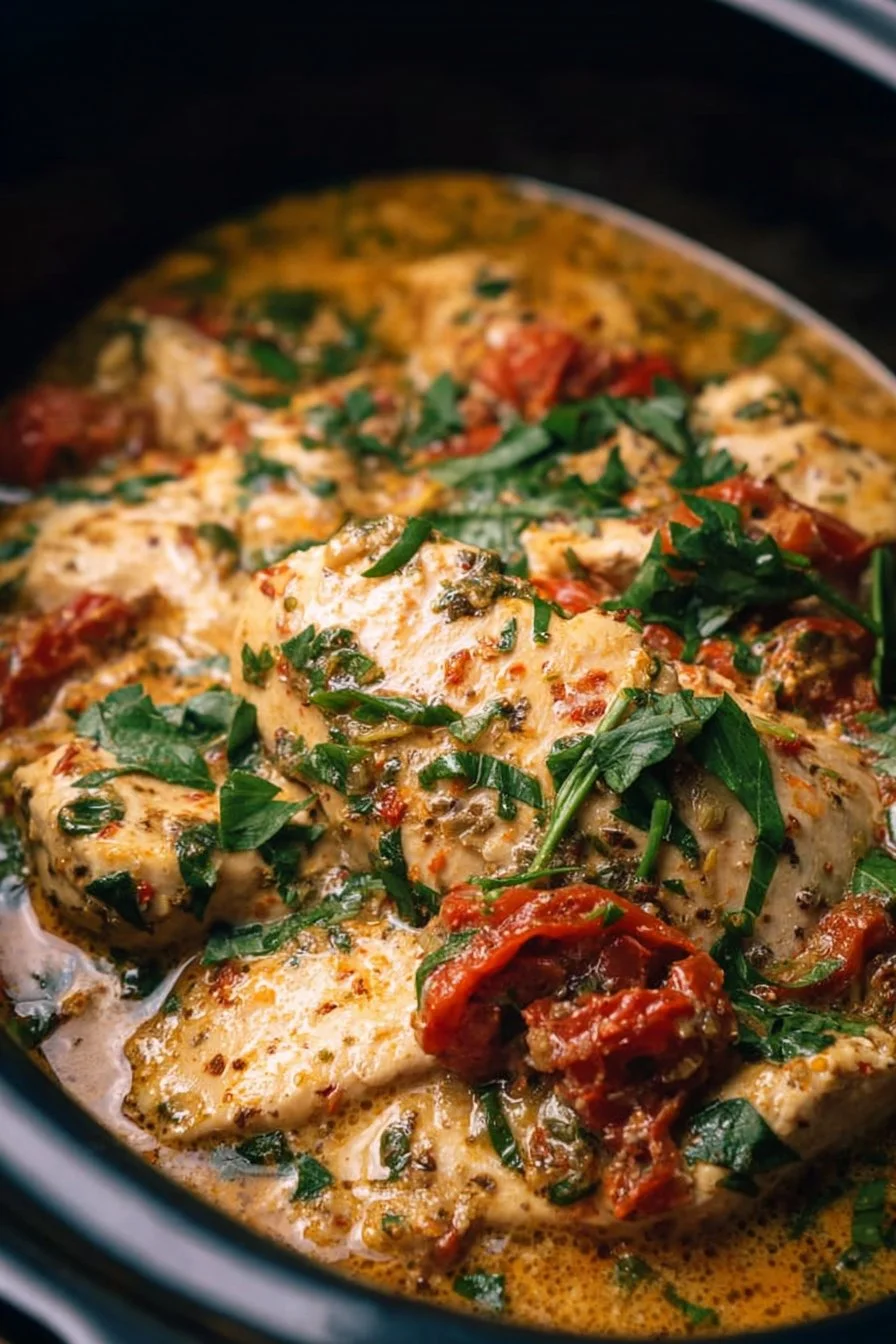 Delicious Crockpot Tuscan Chicken served with vegetables and herbs