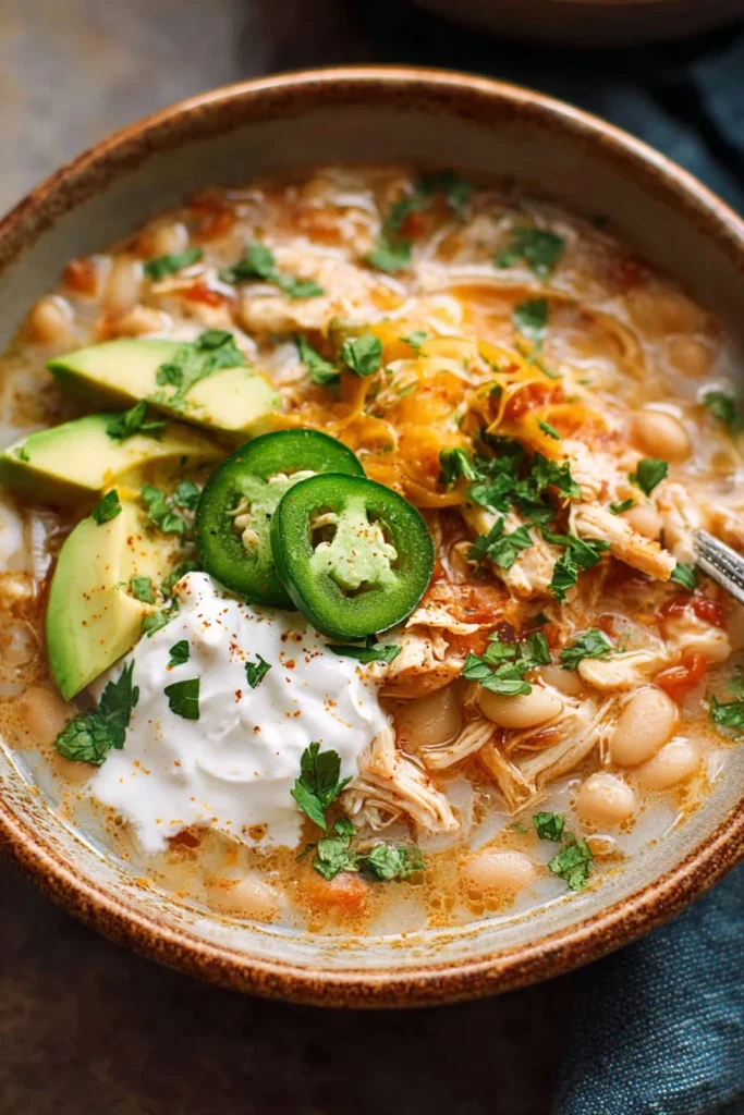 Bowl of Crockpot White Chicken Chili topped with cilantro and lime