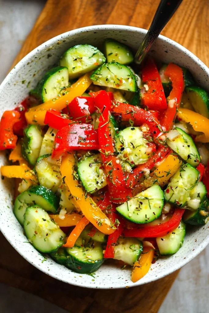 Crunchy cucumber and bell pepper salad served in a bowl
