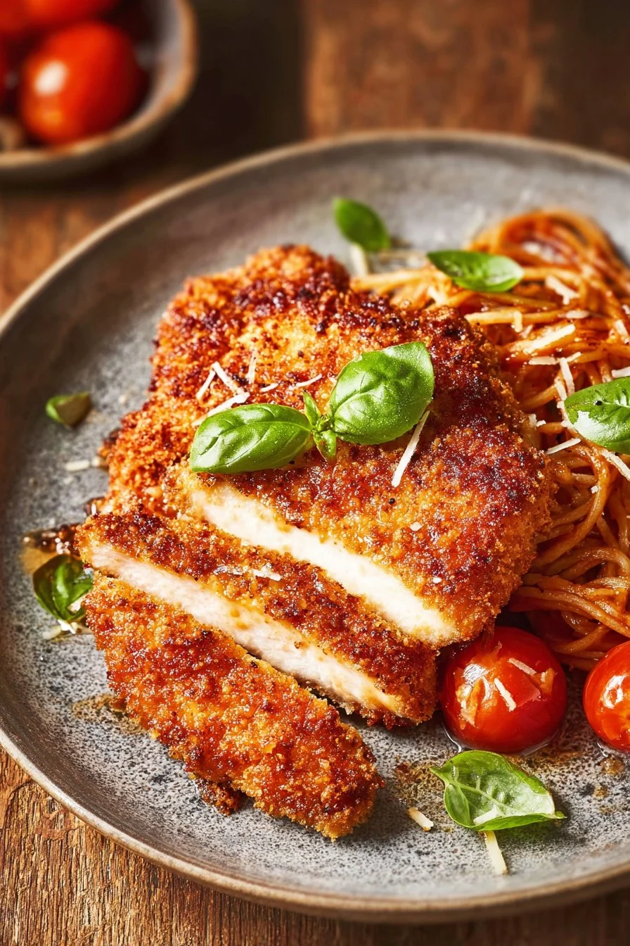 Delicious Crusted Chicken Romano served with herbs and a lemon wedge.