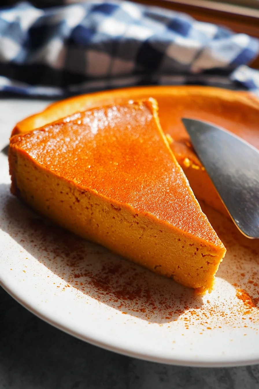 Delicious crustless pumpkin pie served on a plate, topped with whipped cream.