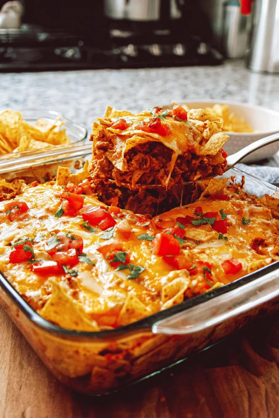 Delicious homemade Dorito Casserole topped with melted cheese and crunchy Doritos