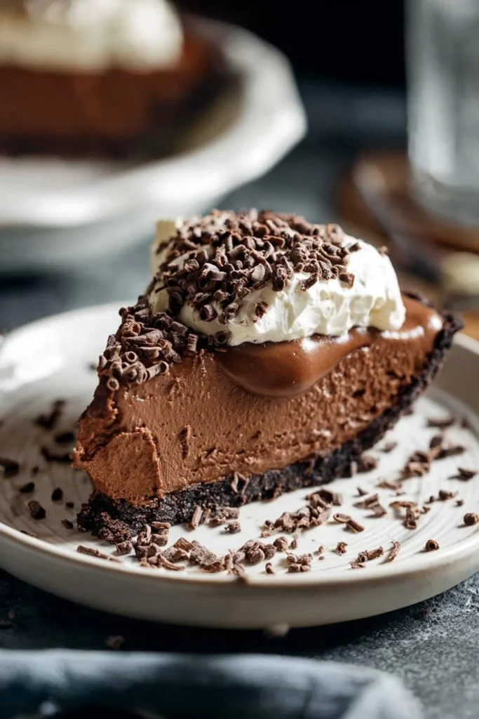 Delicious double chocolate cream pie with rich chocolate filling and whipped cream topping.