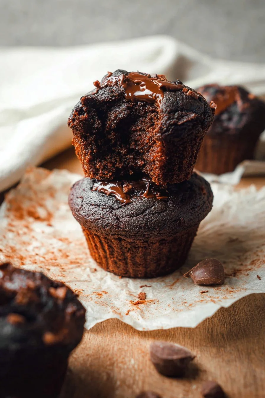 Delicious double chocolate muffins topped with chocolate chips