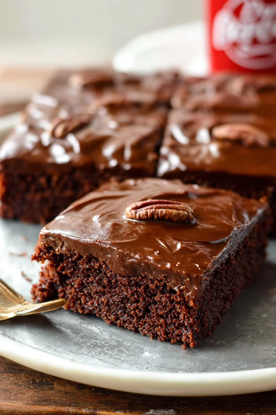 Delicious Dr. Pepper Texas sheet cake topped with chocolate frosting
