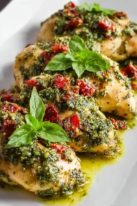 Easy baked pesto chicken served with fresh herbs and vegetables