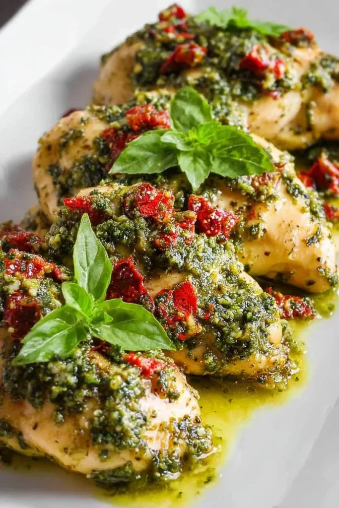 Easy baked pesto chicken served with fresh herbs and vegetables
