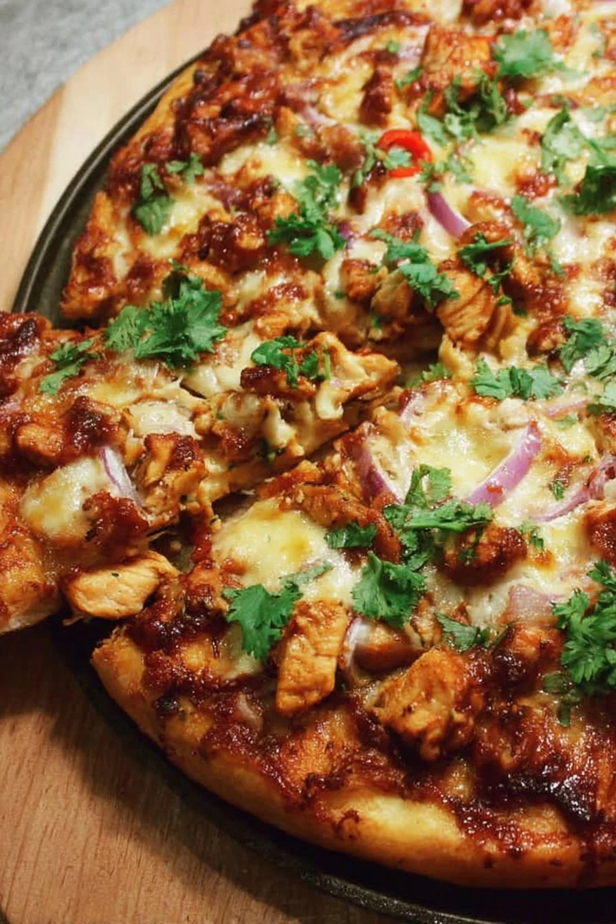 Delicious BBQ Chicken Pizza with toppings on a wooden board