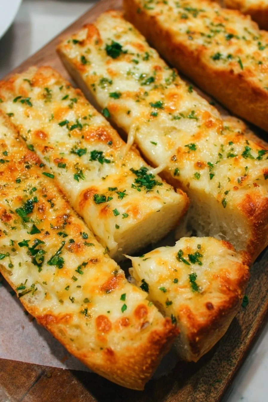 Delicious Easy Cheesy Garlic Bread with melted cheese and garlic butter