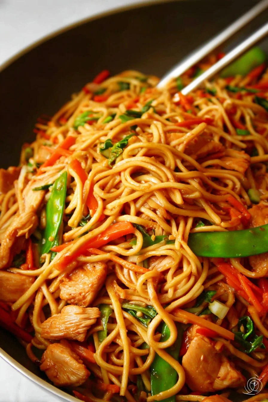 Bowl of easy Chicken Lo Mein with colorful vegetables and tender chicken