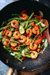 Easy garlic shrimp stir fry recipe with vibrant vegetables
