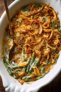 Easy green bean casserole topped with crispy onions and savory cream sauce