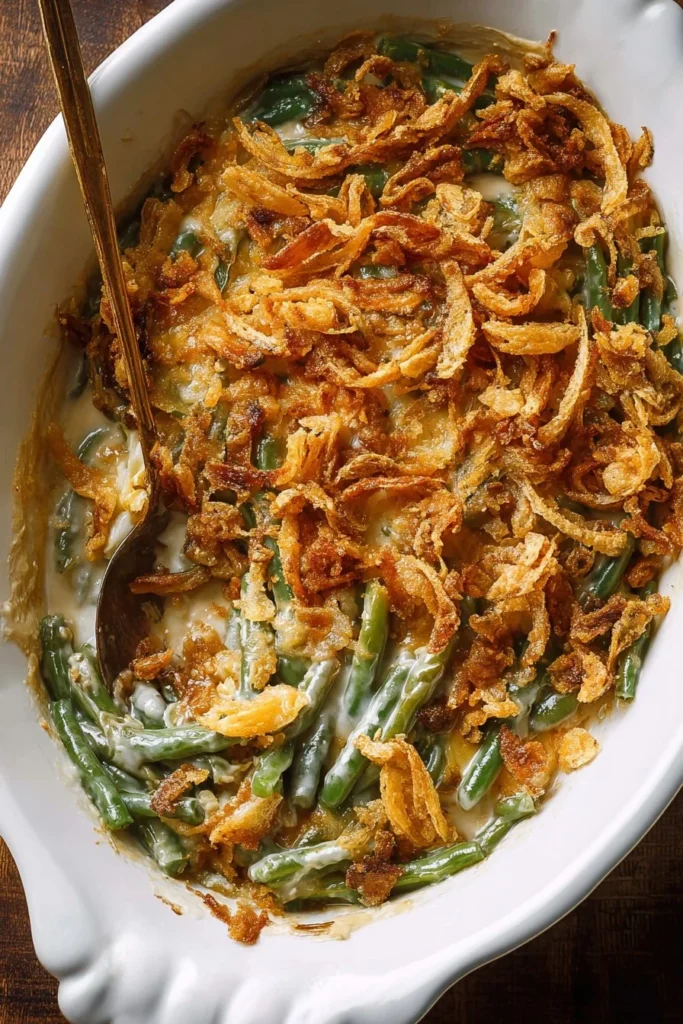 Easy green bean casserole topped with crispy onions and savory cream sauce