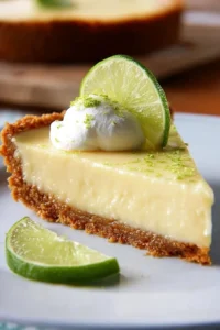 Slice of easy key lime pie on a plate with lime garnish