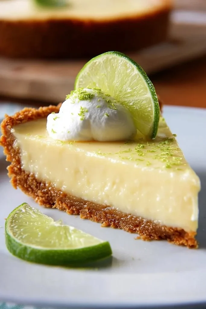 Slice of easy key lime pie on a plate with lime garnish