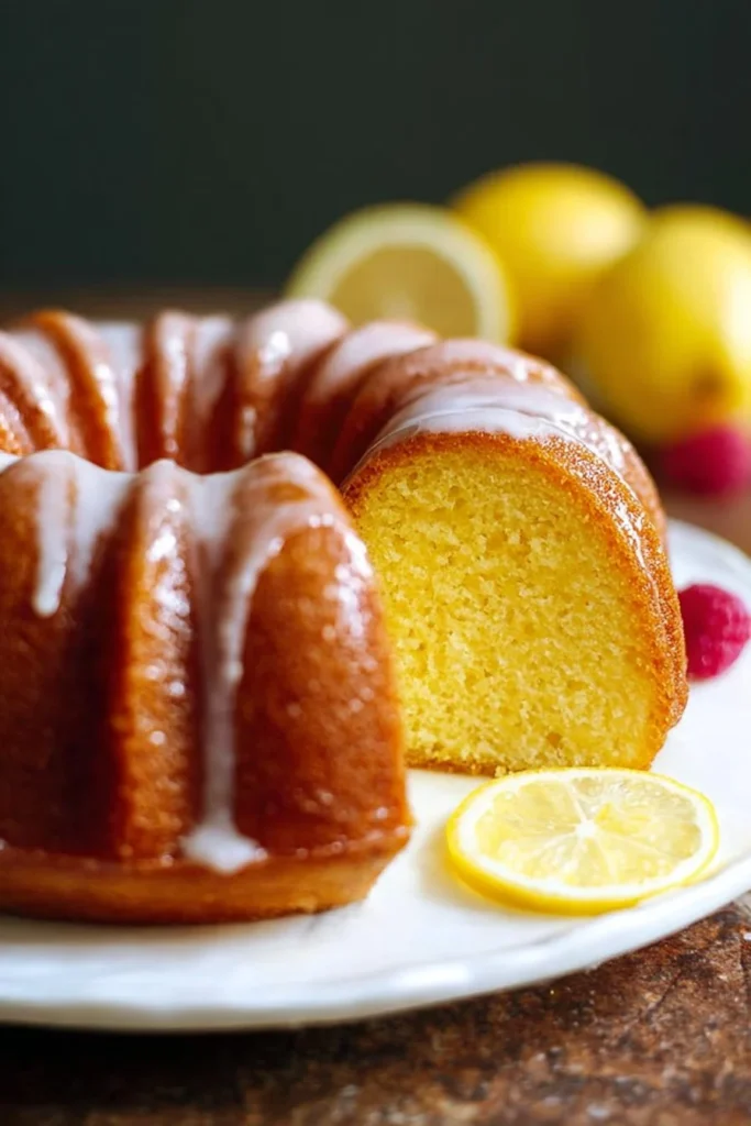 Easy Lemon Bundt Cake 1 Slice of easy lemon bundt cake on a plate with a lemon garnish
