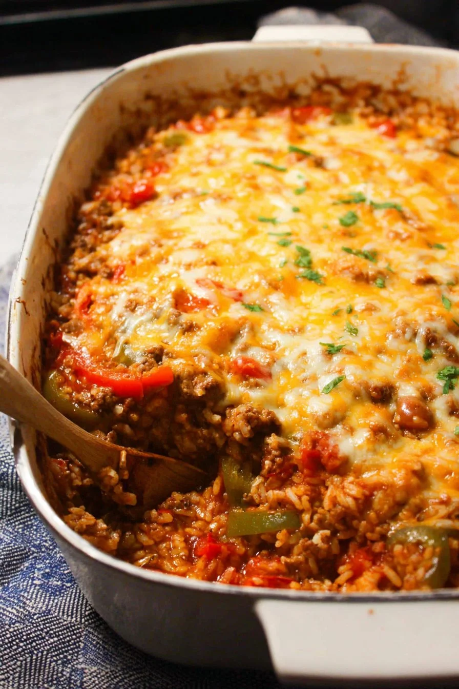Delicious easy stuffed pepper casserole served in a baking dish