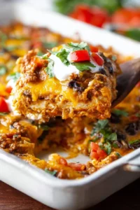 Delicious easy taco casserole topped with cheese and fresh ingredients