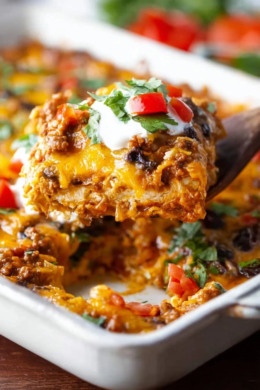 Delicious easy taco casserole topped with cheese and fresh ingredients