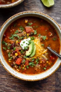 Bowl of easy taco soup topped with cheese and cilantro.