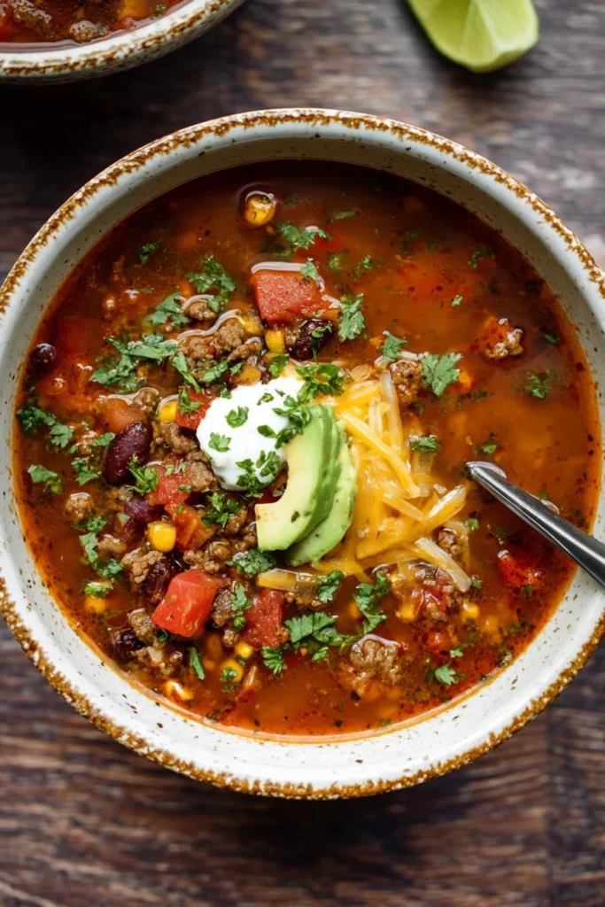 Bowl of easy taco soup topped with cheese and cilantro.
