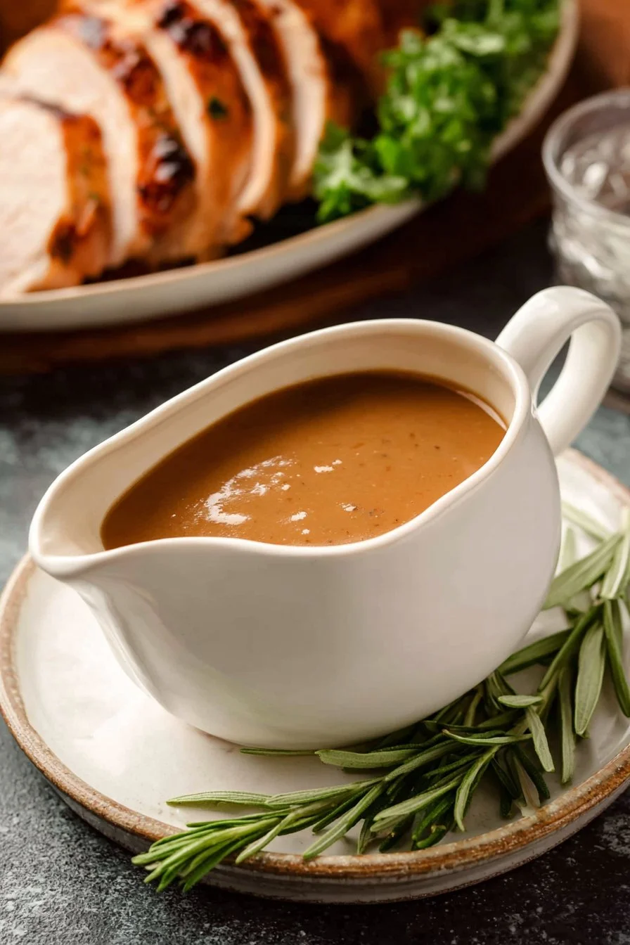 Bowl of easy turkey gravy made from scratch for Thanksgiving dinner