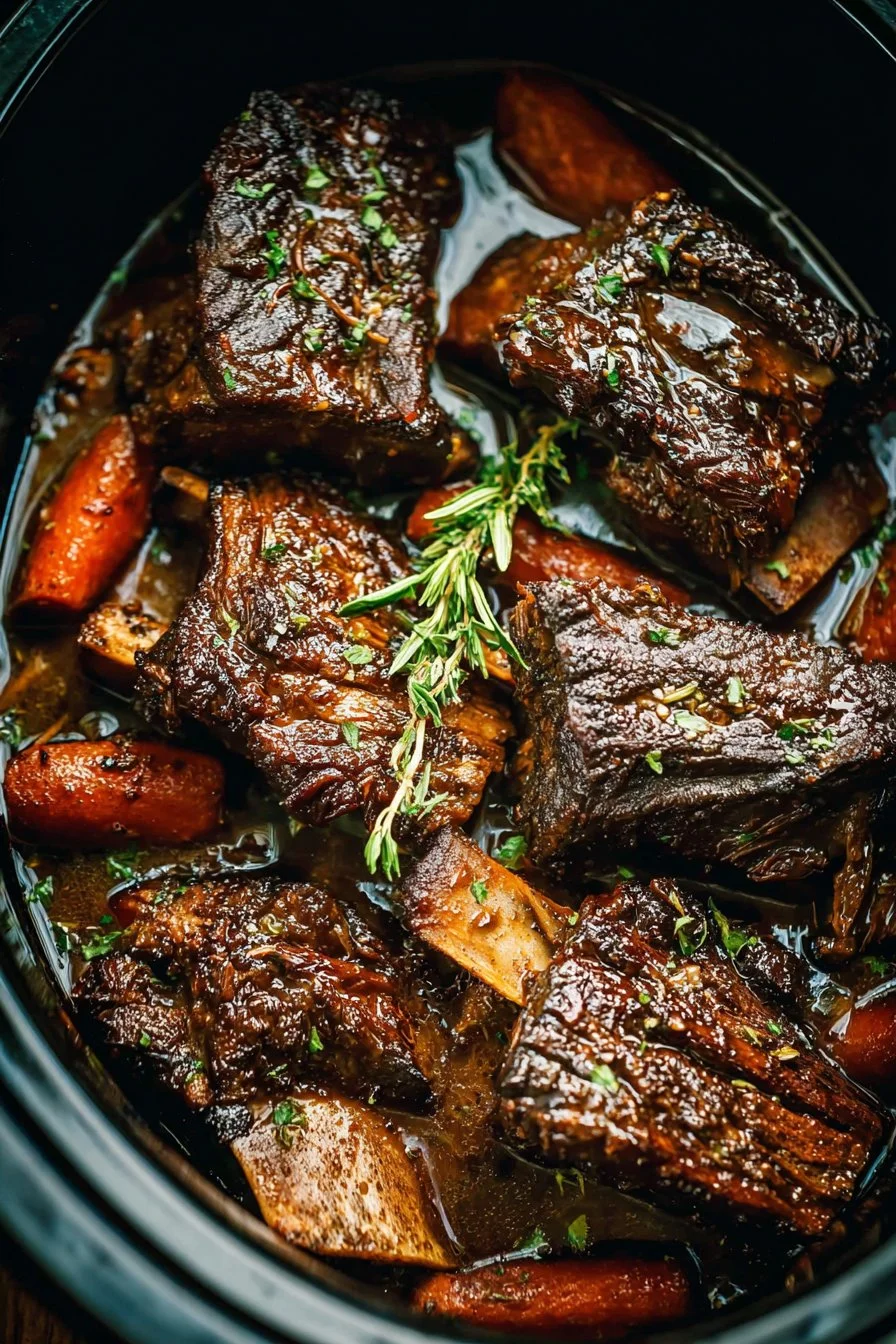 Delicious fall off the bone slow cooker short ribs served with sauce.