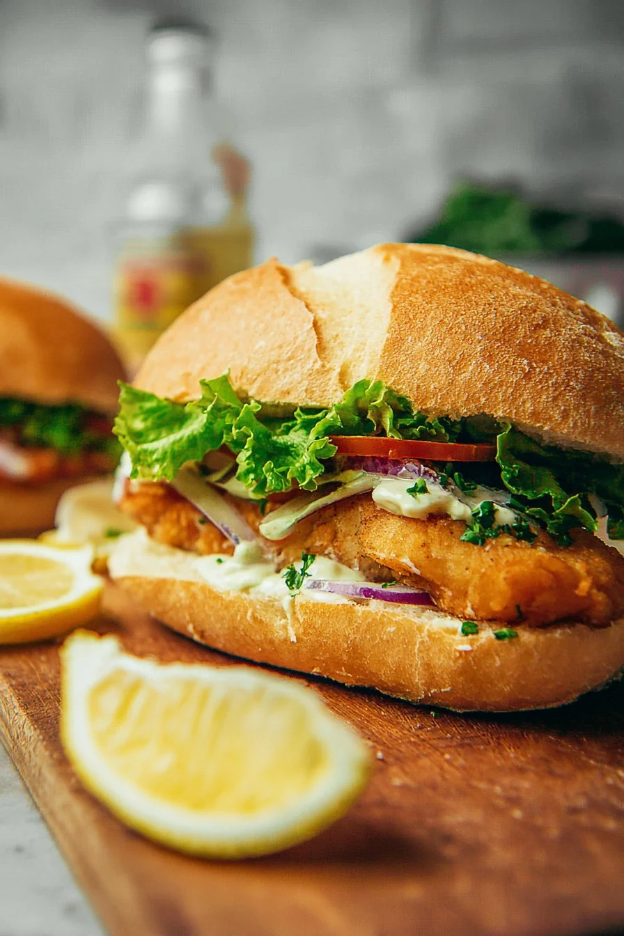 Delicious homemade fish sandwich with fresh toppings on a rustic plate