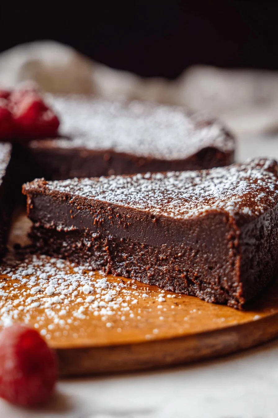 Delicious Flourless Chocolate Cake topped with chocolate ganache and berries