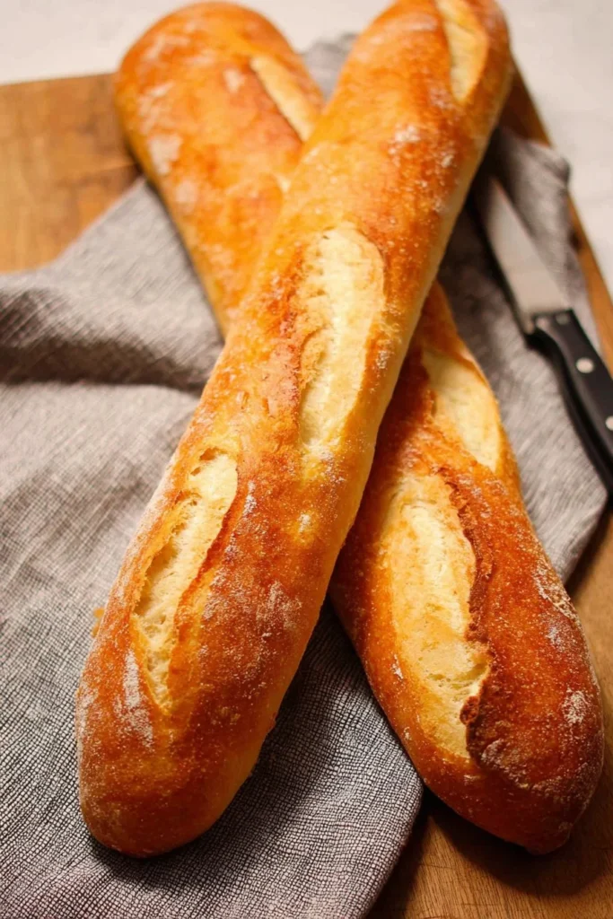 Freshly baked French Baguette on a wooden table