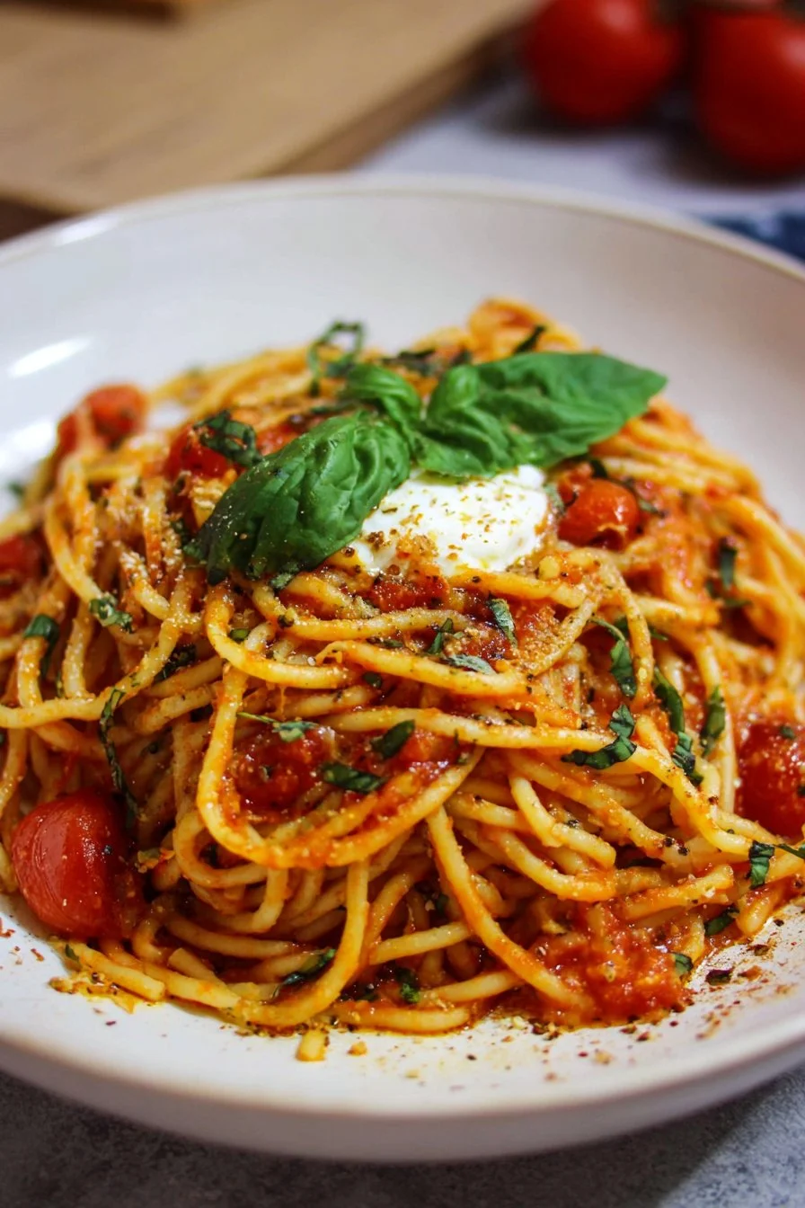Freshly prepared spaghetti margherita with tomatoes and basil on a plate.