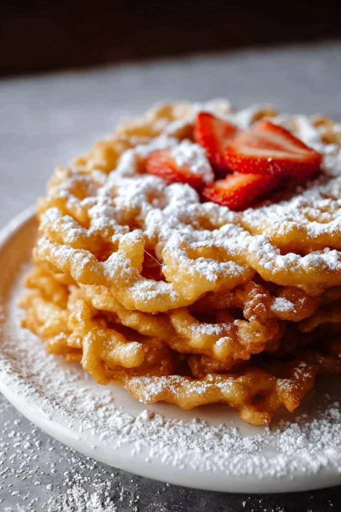 Delicious funnel cake sprinkled with powdered sugar served at a fair.