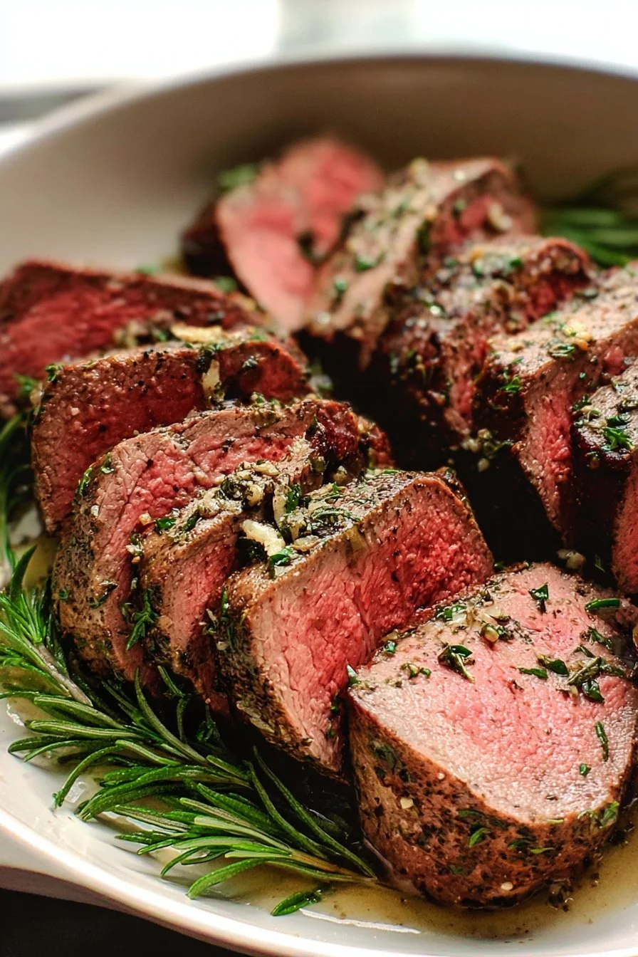 Garlic Herb Butter Beef Tenderloin garnished with fresh herbs and garlic