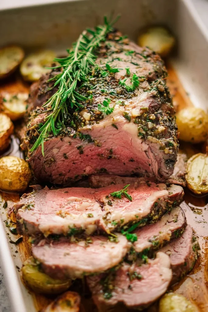 Garlic herb crusted roast lamb served on a platter