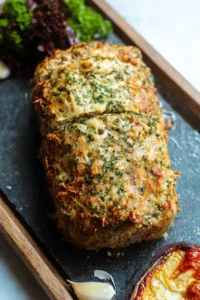Garlic Parmesan Chicken Meatloaf served with fresh herbs and garnished with cheese.