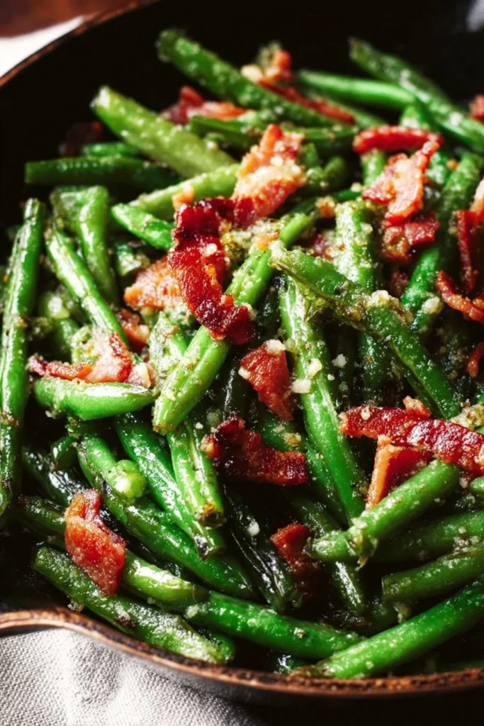 Delicious Garlic Parmesan Green Beans with crispy bacon on a white plate