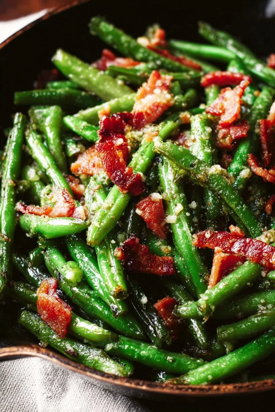 Delicious Garlic Parmesan Green Beans with crispy bacon on a white plate