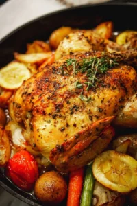 A flavorful dish of garlic roasted chicken served with colorful vegetables.