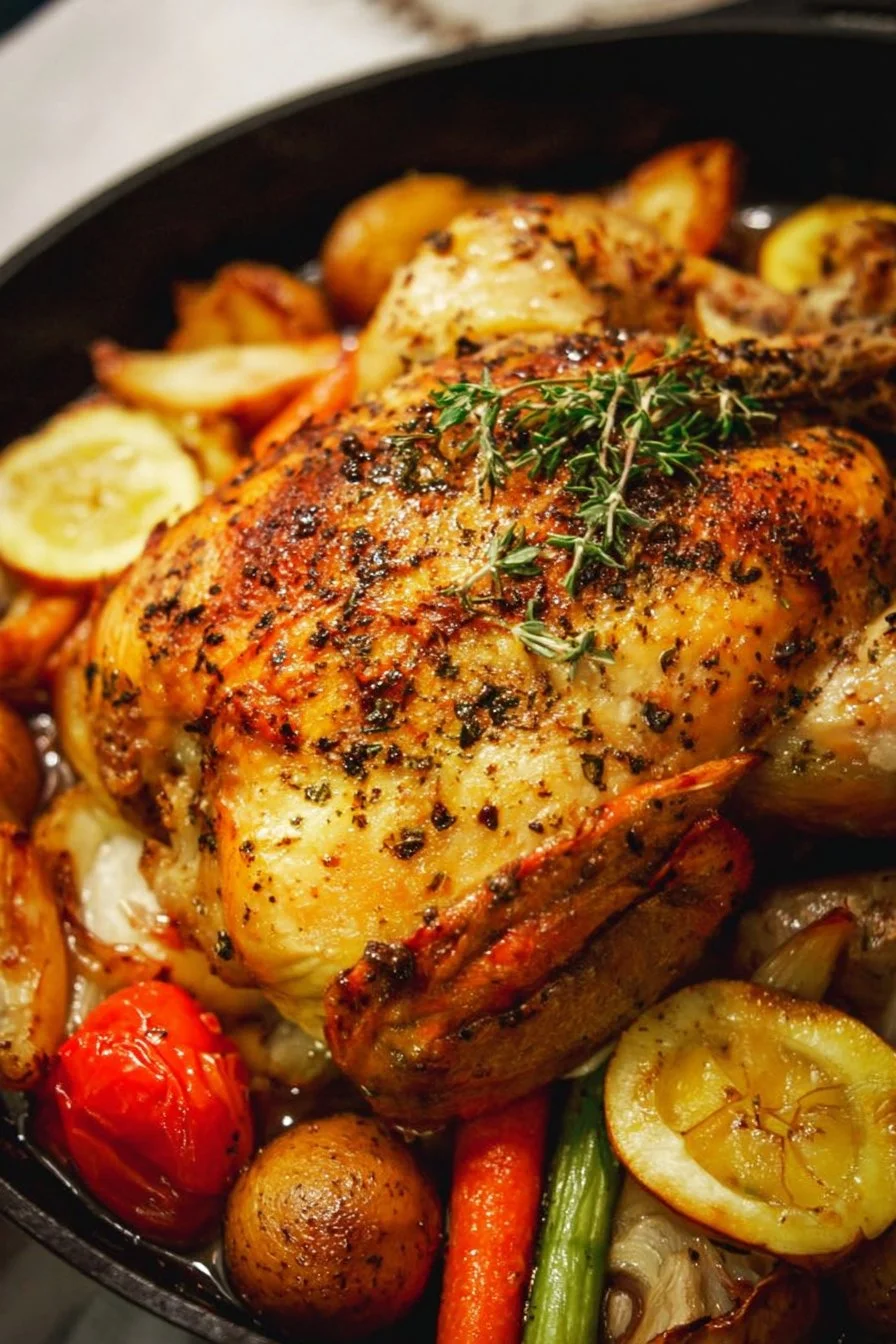 A flavorful dish of garlic roasted chicken served with colorful vegetables.