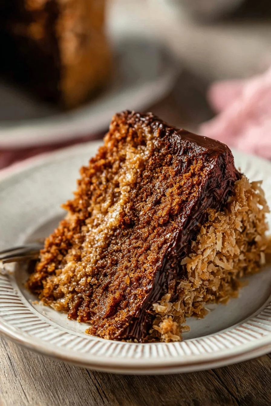 Delicious slice of German Chocolate Cake with coconut and pecan frosting