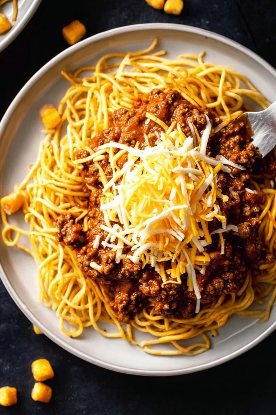 Serving of Gold Star Cincinnati Chili with cheese and onions